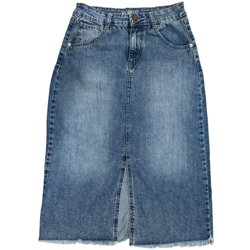 REWASH Denim Midi Skirt Front Slit Raw Hem Size 5 27 Boho Coastal Cowgirl